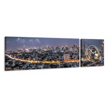 2-dielny obraz s hodinami, Bangkok, 158x46cm