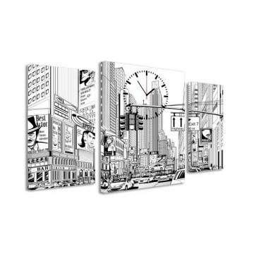 3-dielny obraz s hodinami, ZEICHNUNG CITY, 60x95cm