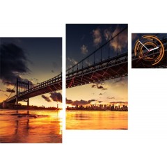 3-dielny obraz s hodinami, Irregular Bridge sunset, 90x60cm