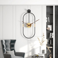Exkluzívne oválne hodiny (57 cm) – Čierny kov so zlatými detailmi a drevom