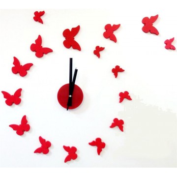 Nalepovacie nástenné hodiny, Motýle 3d diy, červené, 50-70cm