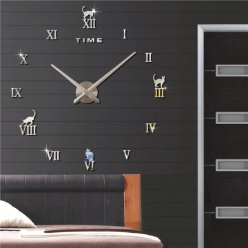 3D Nalepovacie hodiny DIY Clock Cat Time, strieborné 70-120cm
