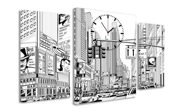 E-shop 3-dielny obraz s hodinami, ZEICHNUNG CITY, 60x95cm