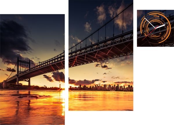 E-shop 3-dielny obraz s hodinami, Irregular Bridge sunset, 90x60cm