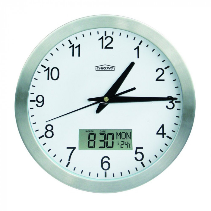 Nástenné hodiny s teplomerom a dátumom, Chrono, 25 cm