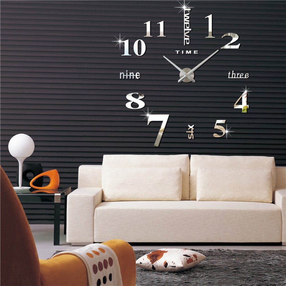 E-shop 3D Nalepovacie hodiny DIY Clock Twelve Time, strieborná 90-130cm